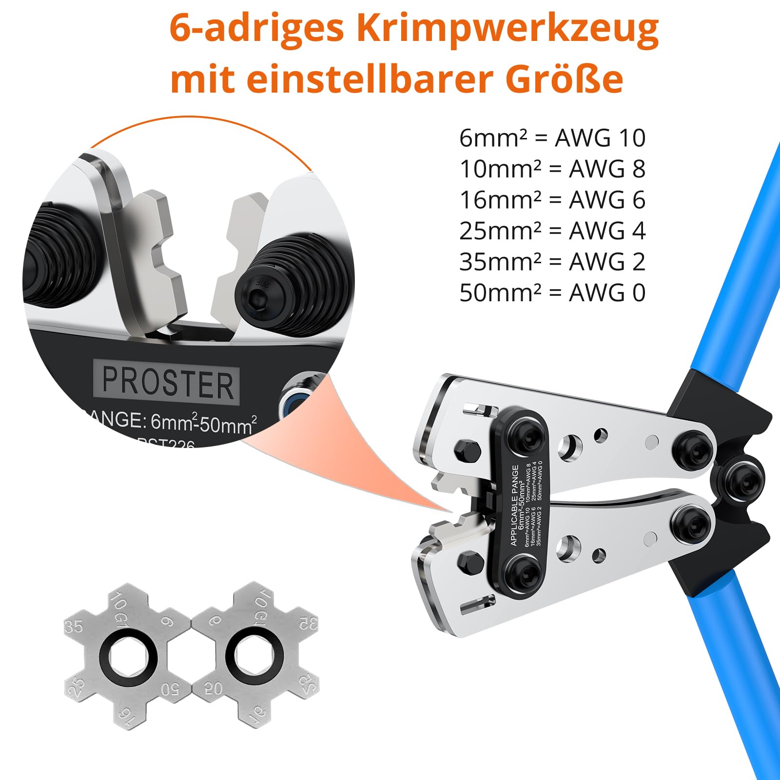 Proster Batterie Kabel Crimpzange Kit Kabelschuhe 6-50mm² mit 100 PCS AWG 10 8 6 4 （SC6-6-SC25-8）Bolzenloch Kupfer-Rohrkabelschuhen Quetschverbinder Kabelschuhzange