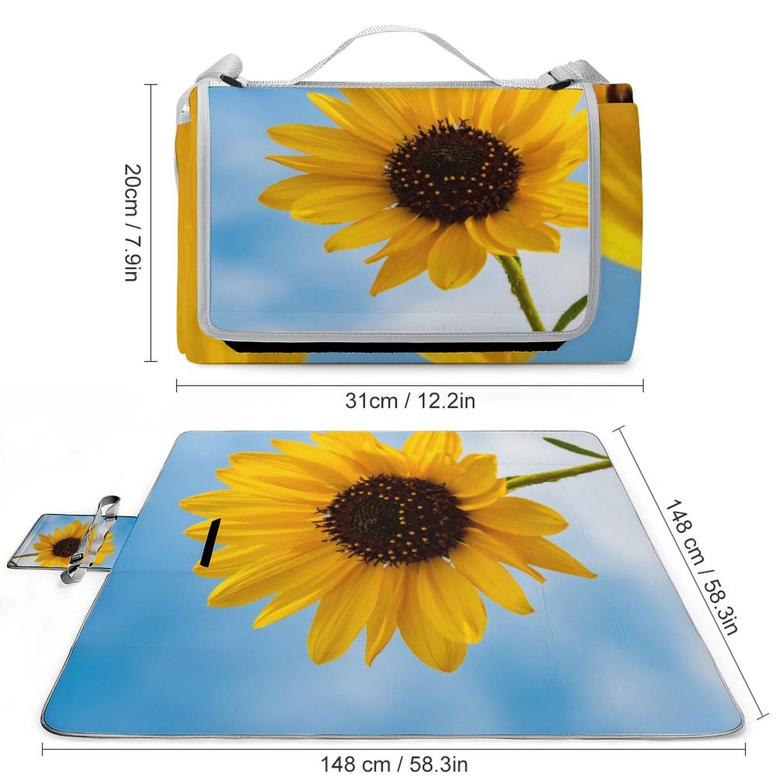 3D Impression SunFleurs Couverture Pique Nique Tapis De Plage Anti Sable Tapis Plage Couverture De Pique-Nique pour Jardin,Nappe, BBQ, Randonnée 148x148cm