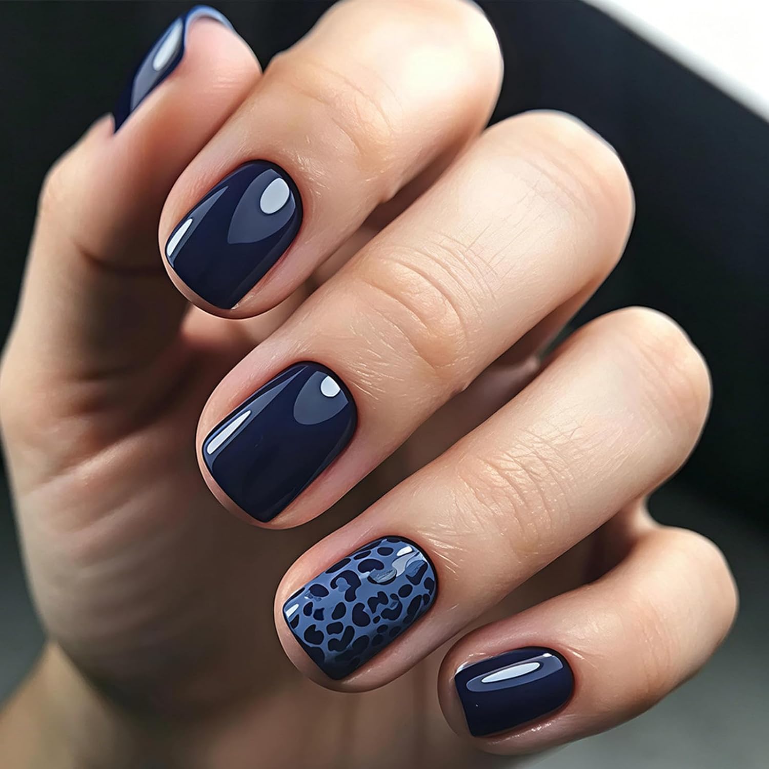 Press on Nails Dark Navy Leopard Print Short Square Fake Nails
