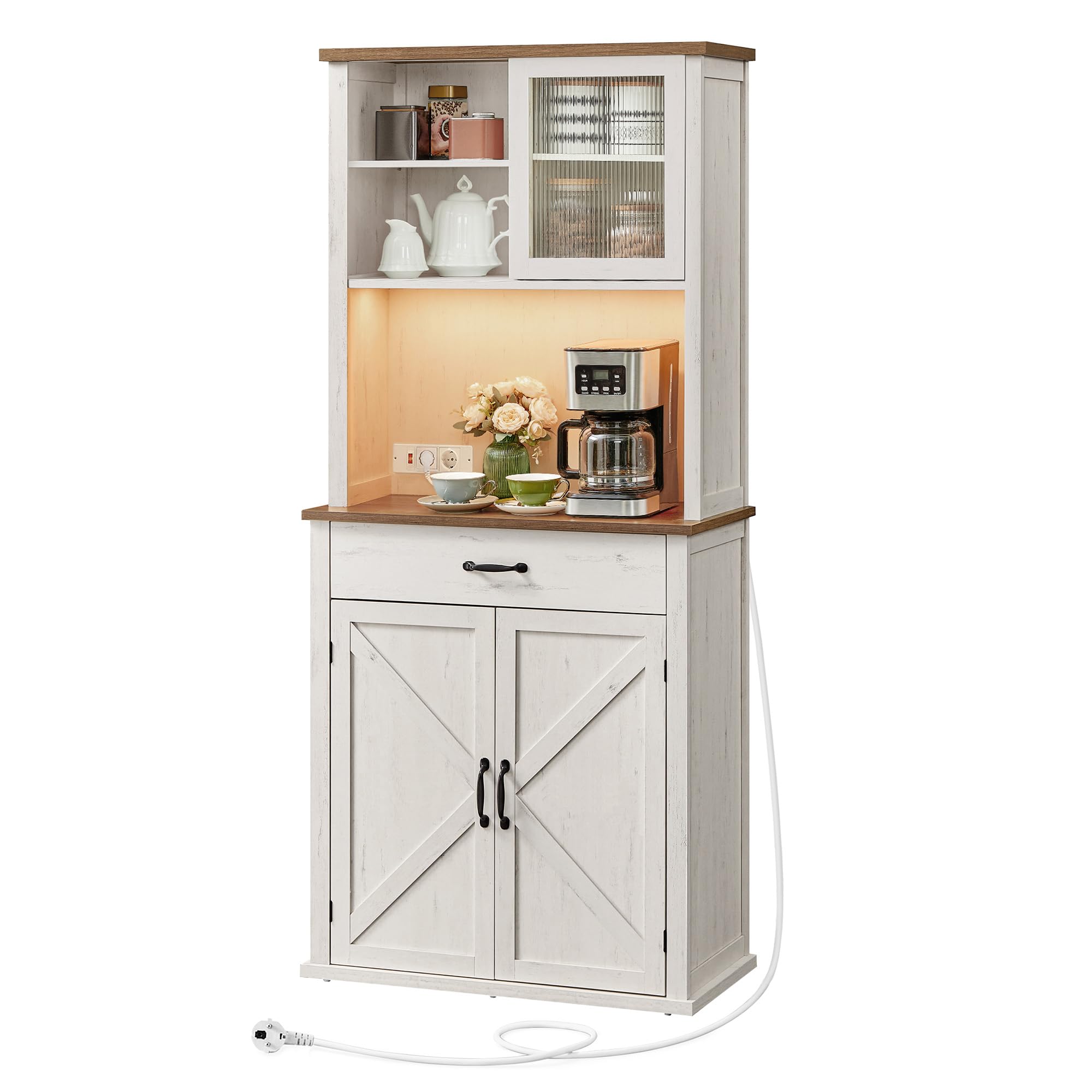 VASAGLE Credenza Cucina con Luce e Multipresa, Mobile Dispensa Cucina con Ante e Cassetto, 39,5 x 80,4 x 180,6 cm, con Ripiani Regolabili, Stile Farmhouse, Bianco Vintage e Marrone Miele BBK363W22