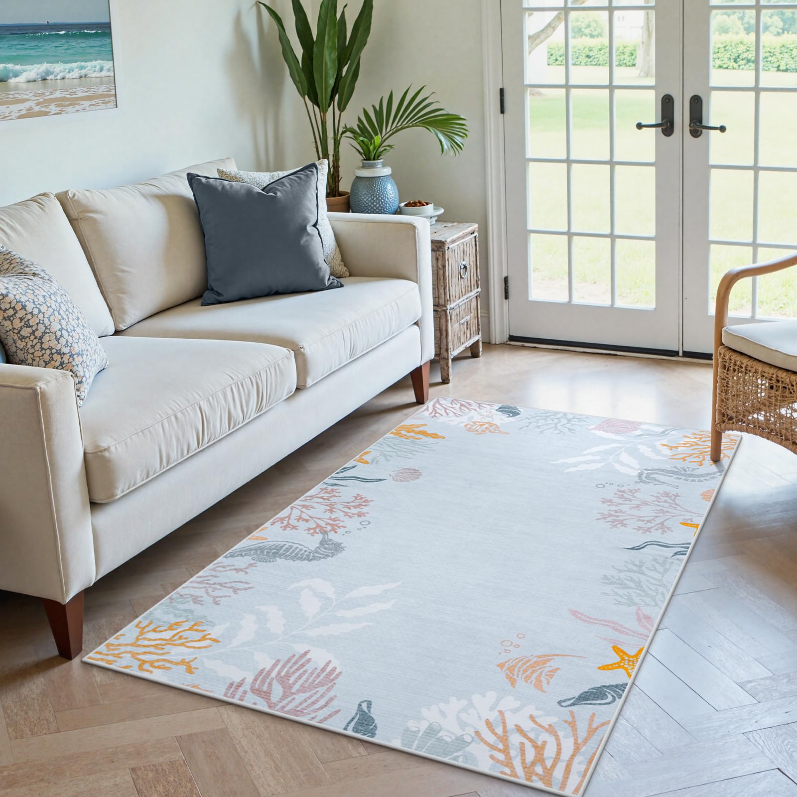 Seavish Coastal Blue 3x5 Area Rug, Small Washable Ocean Coral Rug for Living Room, Low Pile Non-Slip Nautical Themed Nursery Rug, Soft Velvet Carpet