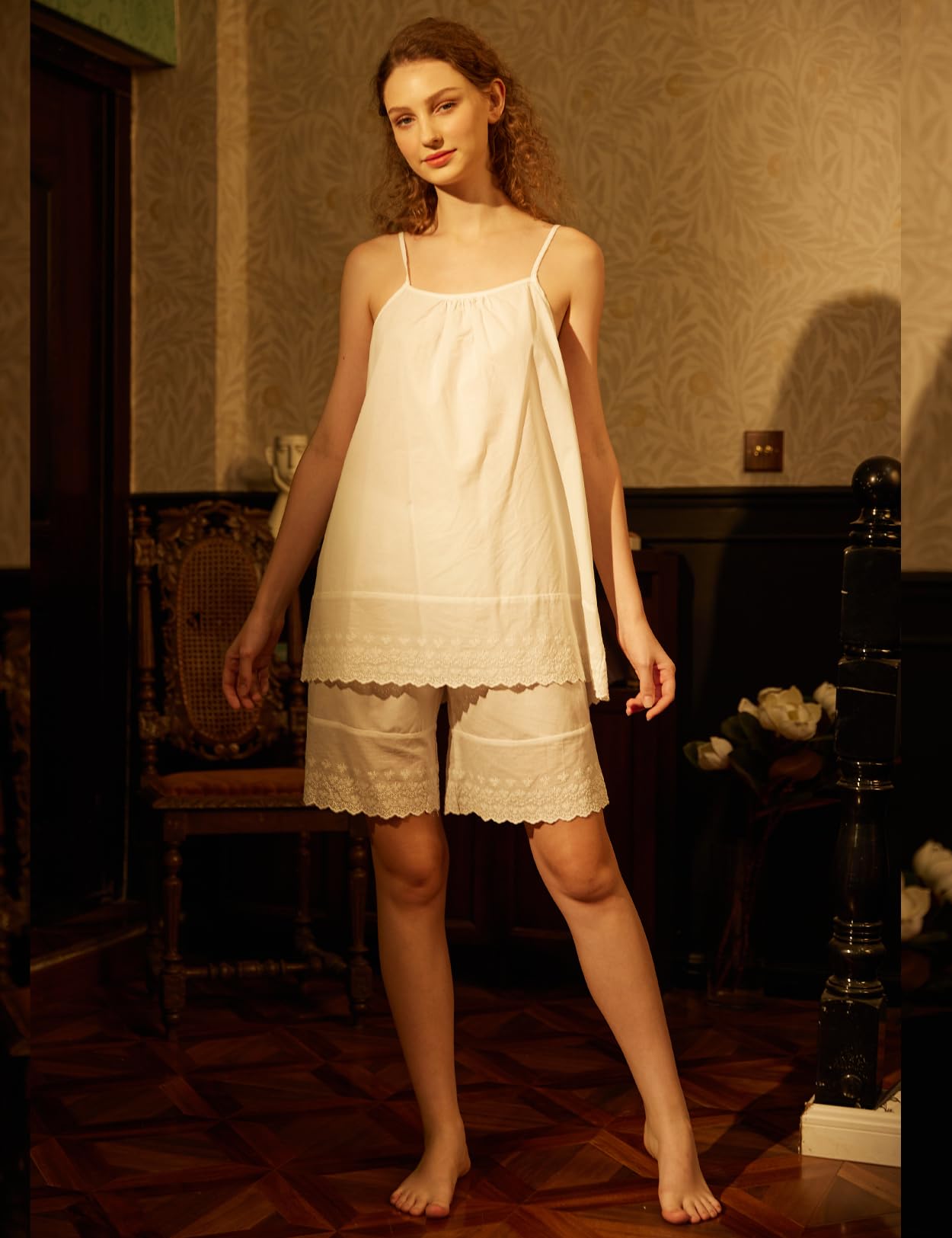 BEAUTELICATE Damen Bloomers Shorts Baumwolle Viktorianische Schlafanzughosen Pyjamahose Kurz Sommer Vintage Pumphose Rüschenhose Antistatisch Renaissance Medieval Kostüm Elfenbein Beige