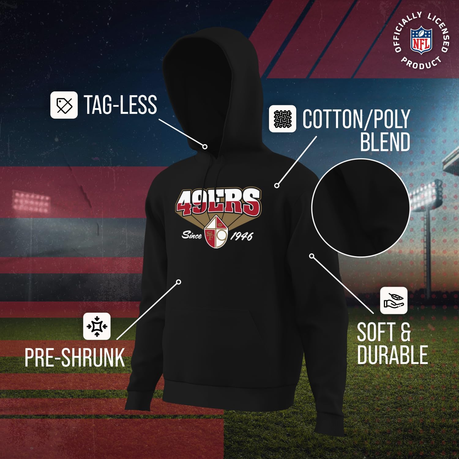 Team Fan Apparel NFL Adult Unisex Vintage Block Ultra Soft Fleece Hooded Sweatshirt, Officially Licensed Football Performance