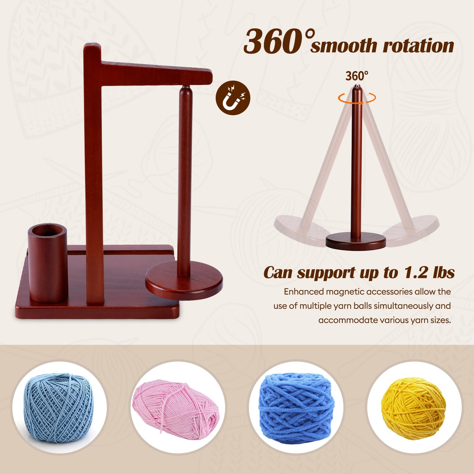 Wooden Yarn Holder for Crocheting Supplies, Knitting Crochet Accessories Gadgets Kit, Yarn Spinner for Spool Rack, Yarn Ball Winder Storage Organizer Tools, Cool Beginners Gifts for Crocheters Lovers