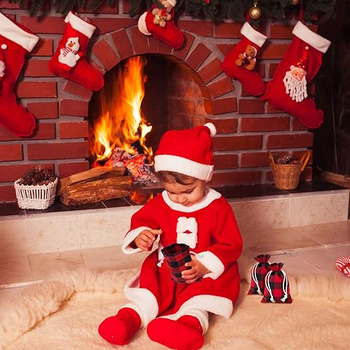 Miniatura 6 de 24 bolsas de regalo de lana cuadriculada con cordón de arpillera lavable de algodón para envoltura de dulces, recuerdos de fiesta de Navidad (rojo y