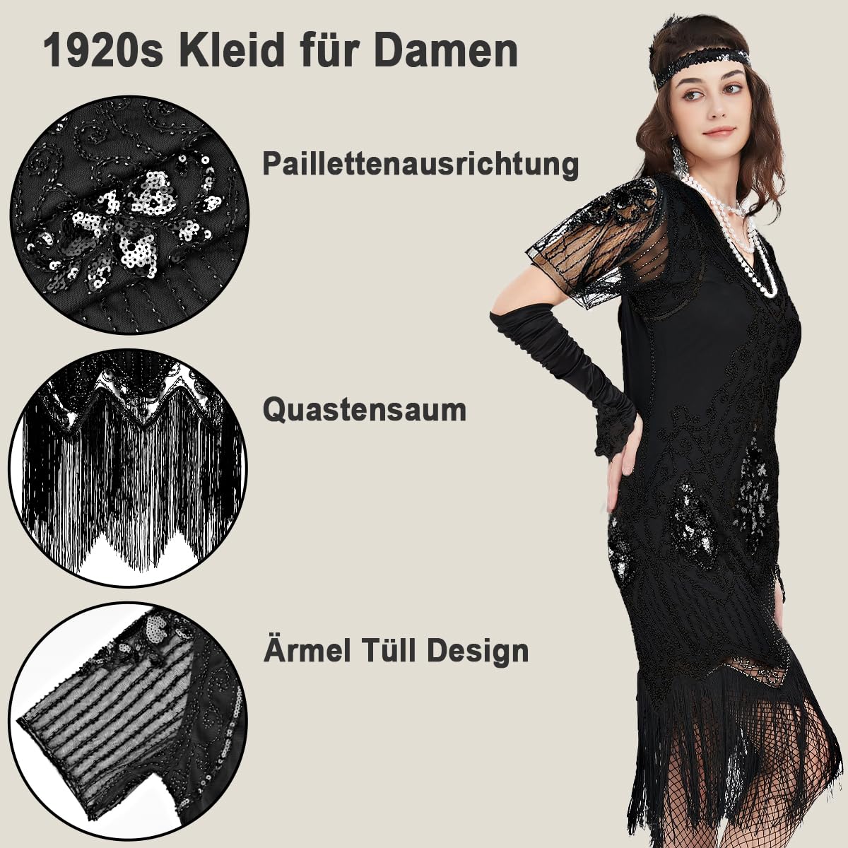 WILDPARTY Disfraz de los años 20 Roaring 20s Charleston, vestido flapper con mangas finas lentejuelas perlas flecos vestido vestido de los años 20 accesorios vintage mafia disfraz mujer