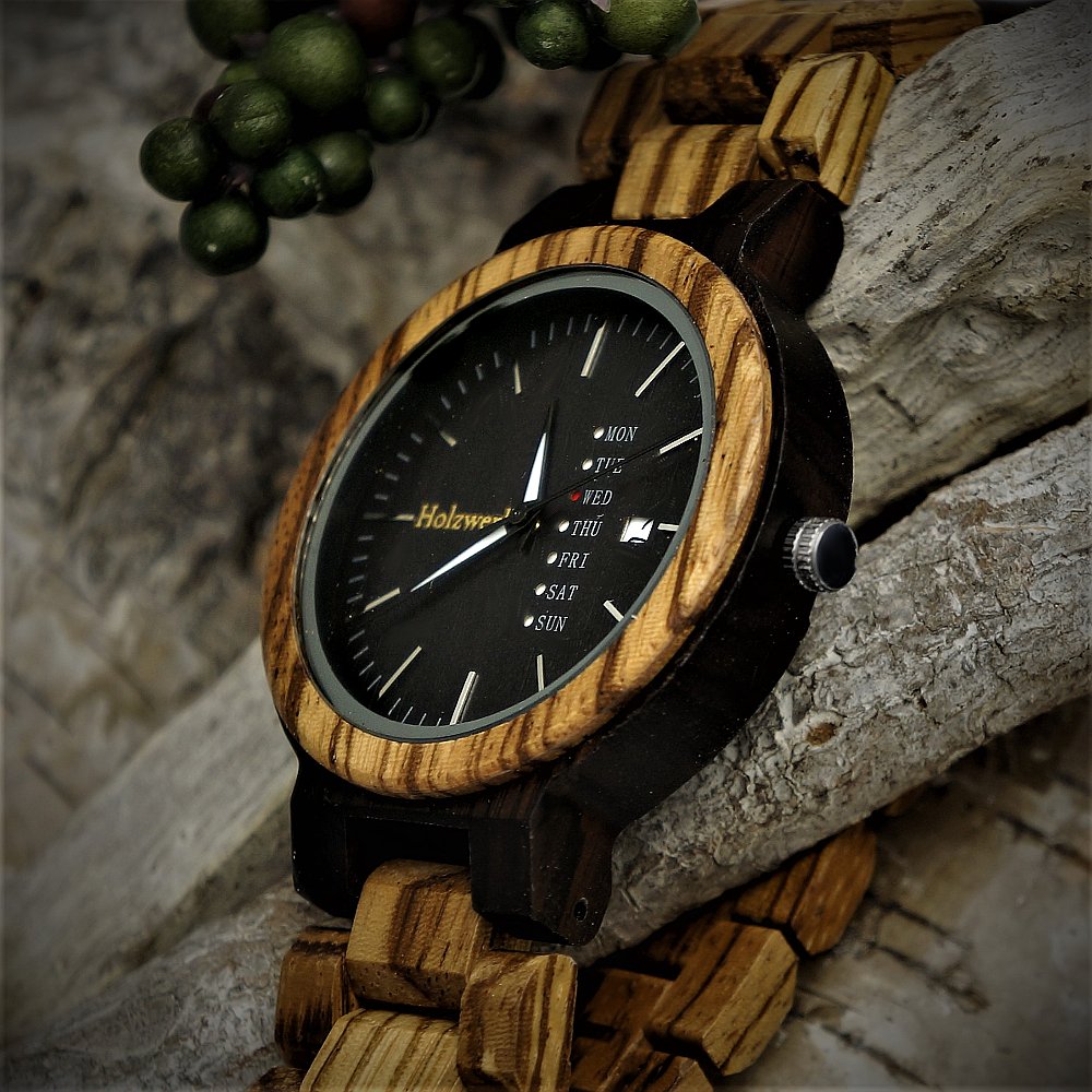 Holzwerk Germany Handgefertigte Matrix Herren Uhr Öko Natur Holzuhr Holz Armband Braun Schwarz Zebra Muster Analog Uhr Datum und Wochentag Anzeige Herrenuhr