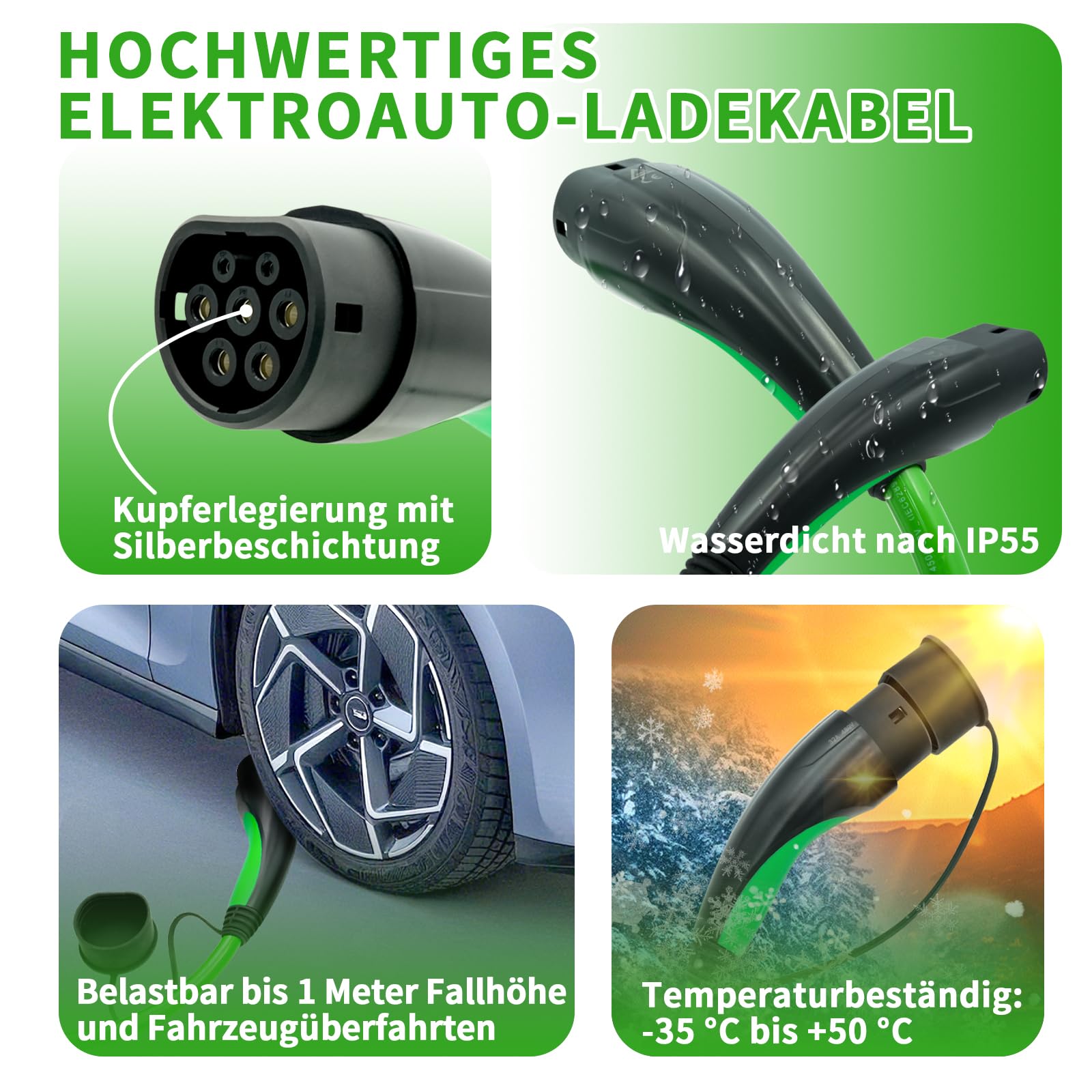 Typ 2 Ladekabel 7,4 kW [32A 1-phasig 5 m Modus 3 IEC 62196-2 ] Elektroauto Ladekabel mit Aufbewahrungstasche & Regenschutzhülle, passend für Wallbox & öffentliche Ladestation,(Grün)