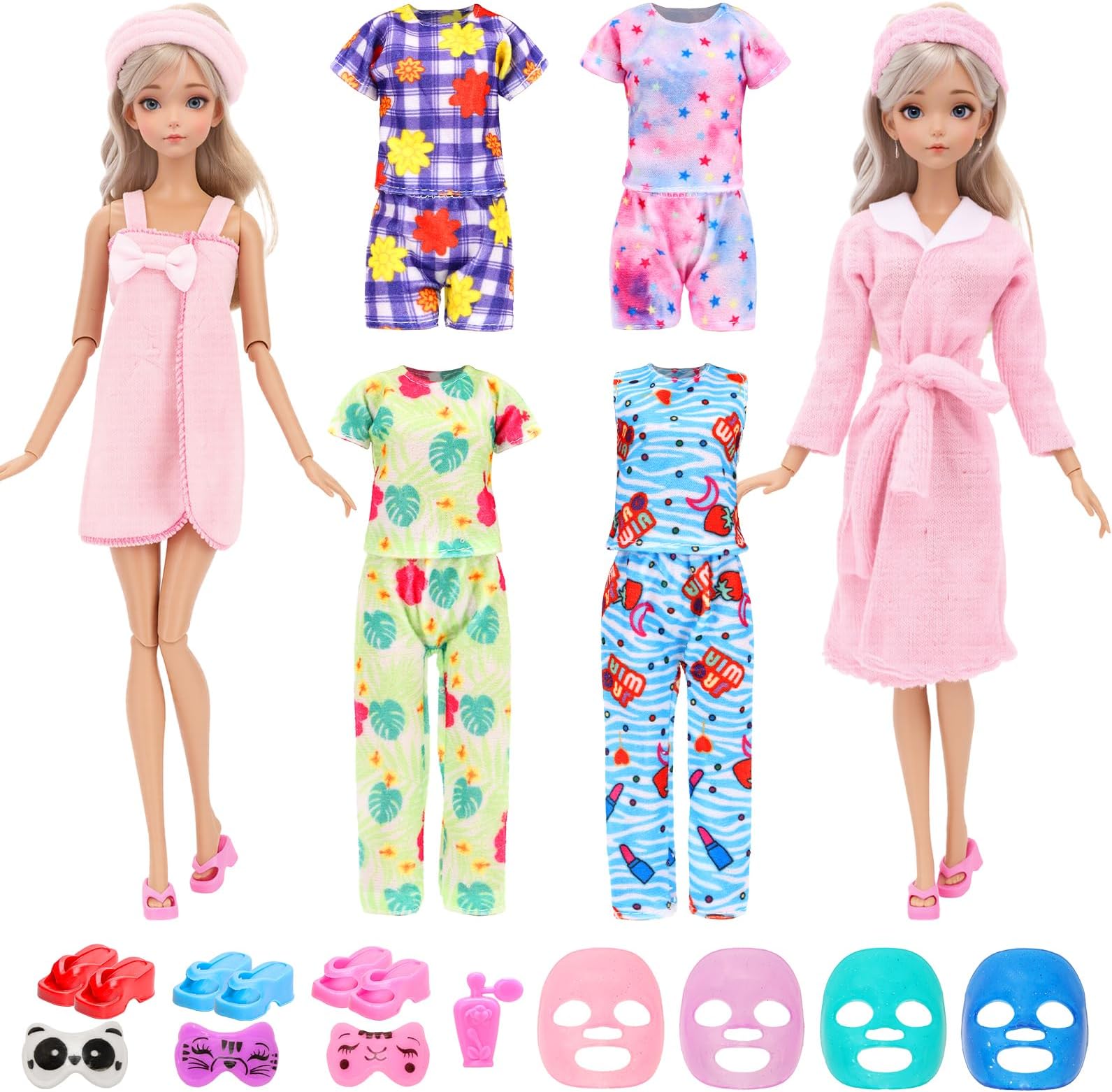 23 Pcs Doll Clothes and Accessories Including 6 Sets Bathrobes Pajamas, Towels, Headband, 3 Slippers and 8 Toiletries Accessories for 11.5 inch Girl Doll