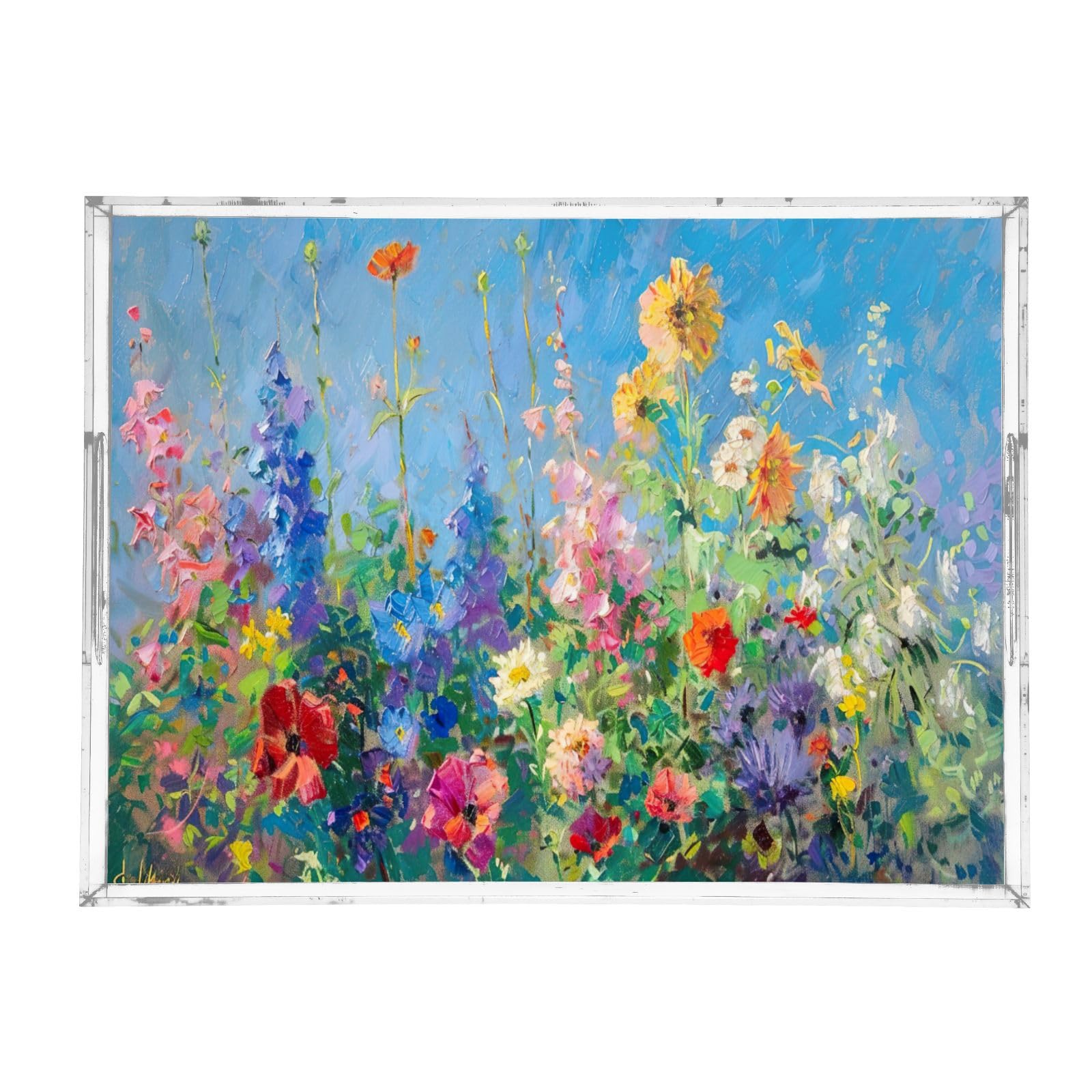 BOESI Oil Painting Colourful Flower Pattern Acrylic Decorative Dining Tray, Acrylic Decorative Tray Organizer with Handle for Kitchen, Dining Room, Bathroom, Dresser