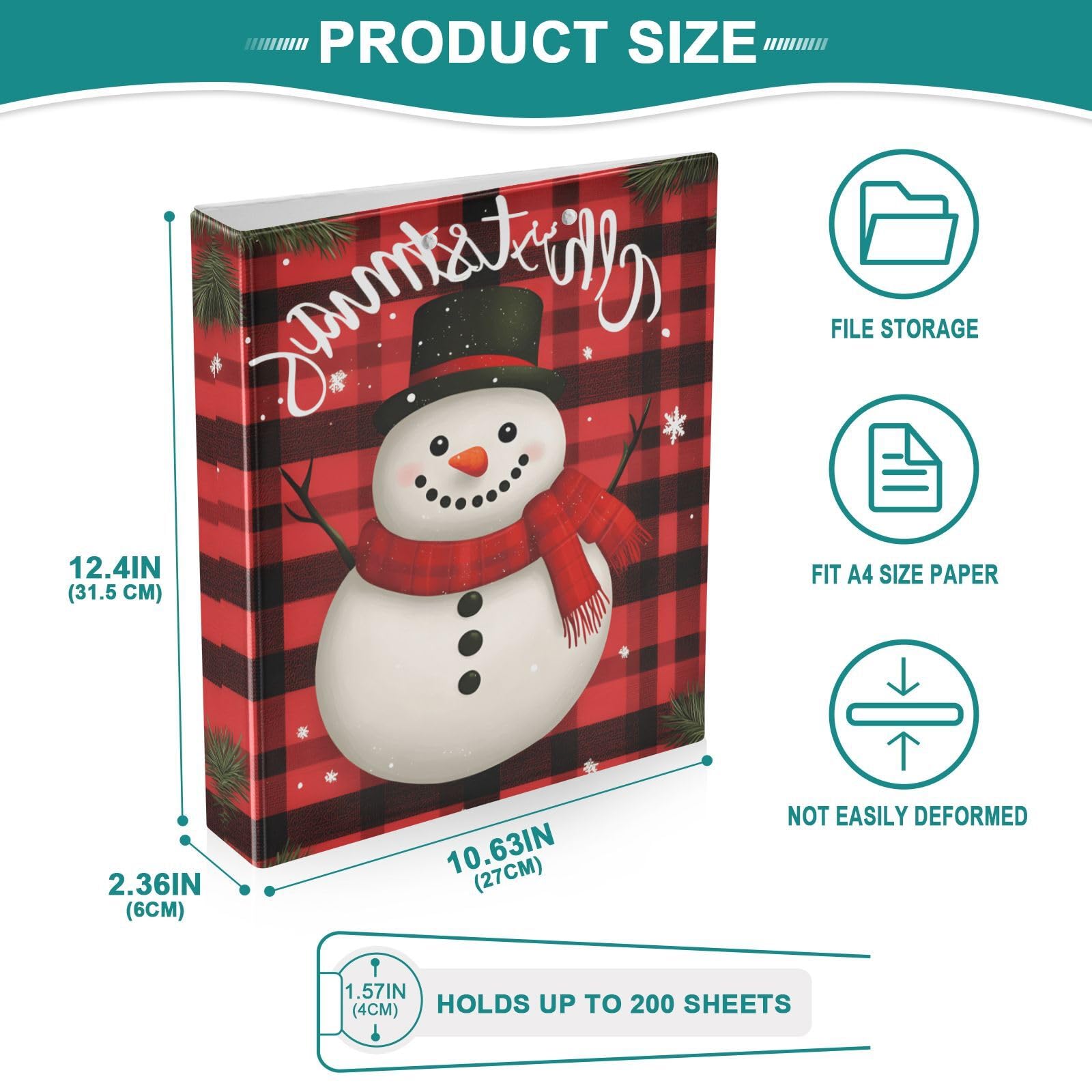 Confezione da 2 raccoglitori a 3 anelli, con motivo a quadri con pupazzo di neve, 3,8 cm, con 3 tasche trasparenti, portablocco e contiene 200 fogli, per ufficio, scuola, organizzazione