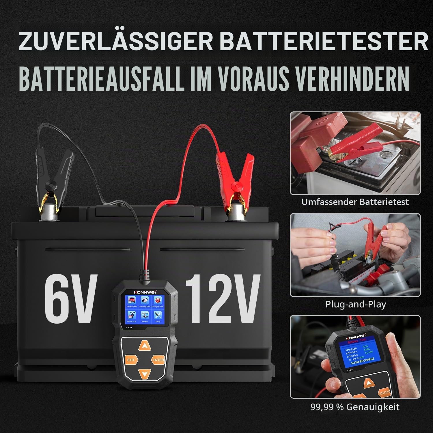Autobatterie-Tester 6V 12V, KONNWEI KW218 Batteriespannungs-Tester 100-2000 CCA Lichtmaschinen-Tester Auto Digitales Batterie-Analysegerät für Auto, Motorrad, Boot, Yacht