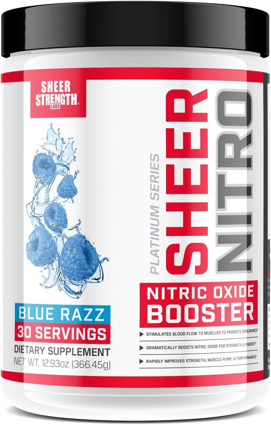 Caffeine Free Premium Nitric Oxide Boosting Pre Workout - Non-GMO - 30 Tingle-Free Preworkout Powder Servings for Men & Women - Blue Raspberry - Sheer Strength Labs - 349g - Packaging May Vary