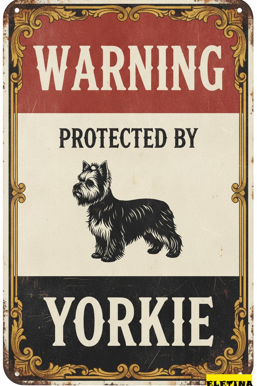 Tin Sign for Man Cave Beware Of Dog Fence Warning Protected By Yorkie Aluminum Metal Tin S Outdoor Yard Warning Yard Home Kitchen Farm Garden Wall Decor 8x12 Inch Private Property Decorative