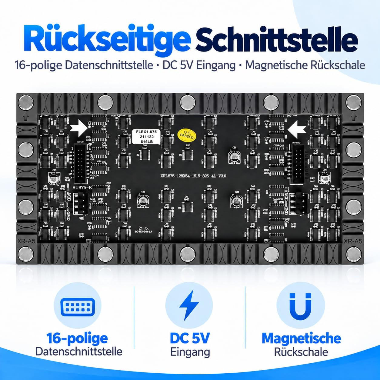 P1.875 Flexibles LED-Modul 240 x 120 mm, 128 x 64 Pixel, SMD1515, DC 5V, 750 Nits, 1/32 Scan, Magnetmontage, Frontservice für gebogene Indoor-Displays, 20 Stück