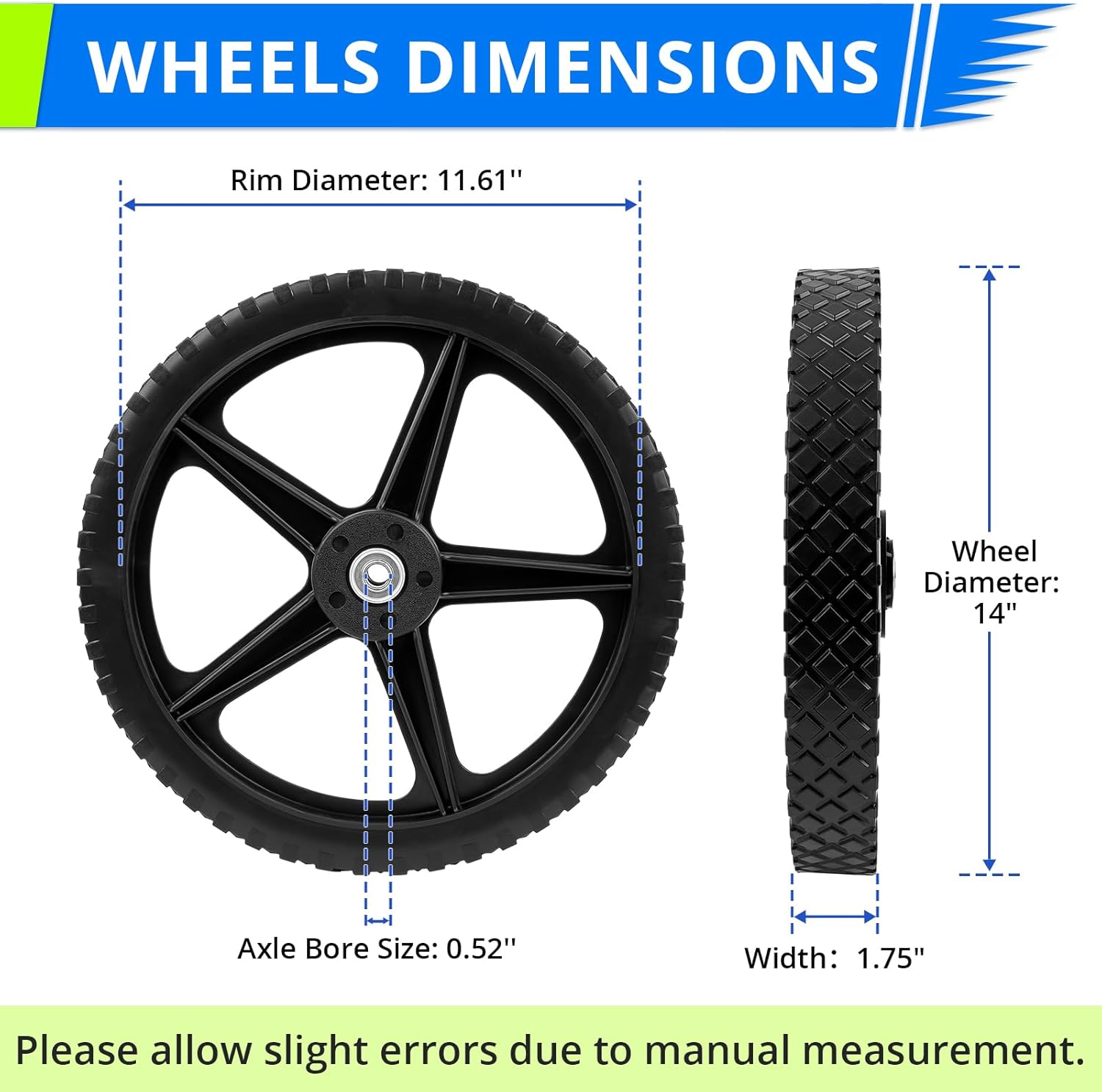 14 x 1.75" Spoked Plastic Wheel and Tire Kit Compatible with Old Crafts man Lawn Mowers, Push Mowers, Hand Trucks, Garden Carts, and More – Heavy-Duty Flat-Free Solid Tires, 1/2" Axle Bore, 2 Pack