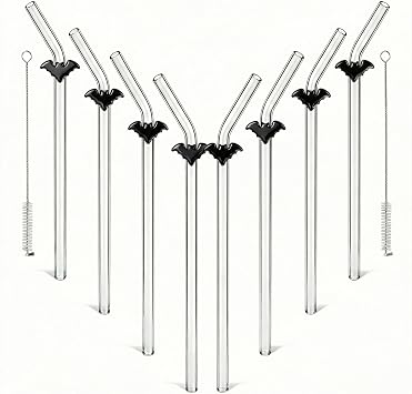 Borosilicate Glass Straws with Charms - 8mm Reusable Clear Drinking Straws, 9" Bent Gothic Design, 8 pcs + 2 Brushes, Cute Halloween Fun Straws for 16 oz Tumbler Drinks, BPA Free and ECO Friendly