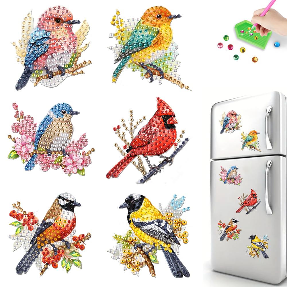 Bird 6Pcs Diy Diamond Painting Refrigerator Magnet Kit Mini Diamond Refrigerator Stickers Art Magnet Fridge Stickers Easy Diy Crafts For Beginner Ages 6-12 Decor Gift