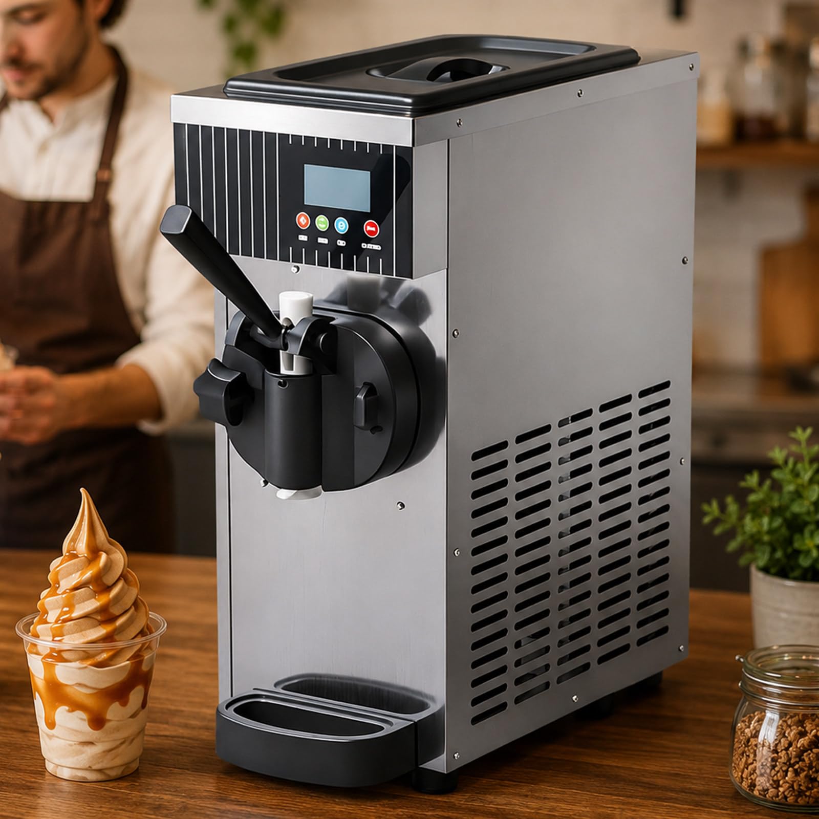 450W Soft Serve Ice Cream Machine,Countertop Ice Cream Maker with LCD Display,Pre-Cooling,Auto Cleaning,2.5L Hopper,Single Flavour Soft Serve Maker for Cafe/Dessert Shop StainlessSteel