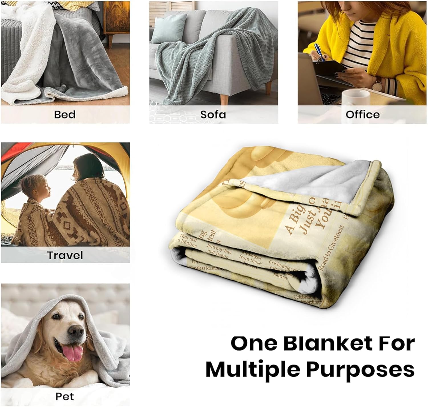 Graduation Blanket, 60x50 Soft Flannel Throw, Newspaper-Style Keepsake Gift for Her or Him, Retro Newsprint Aesthetic, Dorm Send-Off, Beige-Gold Inspirational Quotes - Image 6