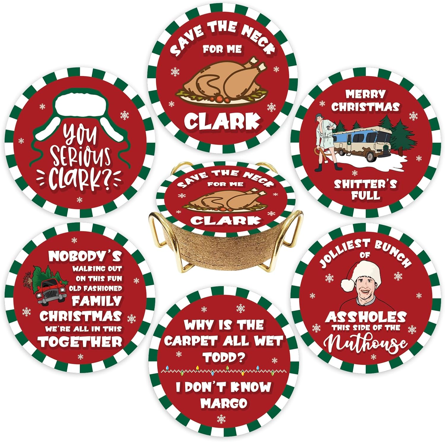 Christmas Vacation Merch Gift, 6 Pcs Funny Holiday Coasters with Metal Holder, Griswold Family Cousin Eddie Christmas Vacation Decorations, Xmas Home Table Decor Party Supplies, White Elephant Gifts