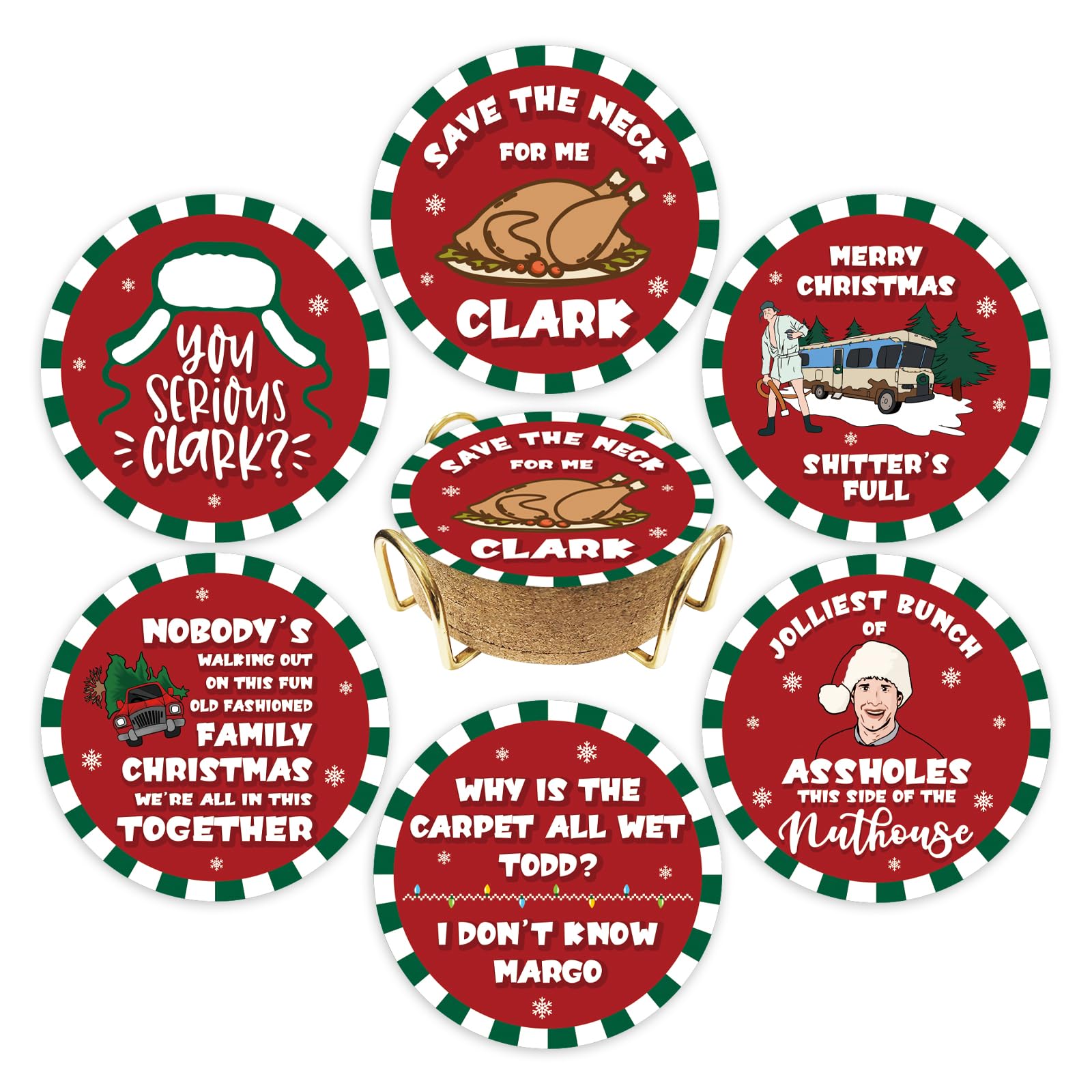 Christmas Vacation Merch Gift, 6 Pcs Funny Holiday Coasters with Metal Holder, Griswold Family Cousin Eddie Christmas Vacation Decorations, Xmas Home Table Decor Party Supplies, White Elephant Gifts