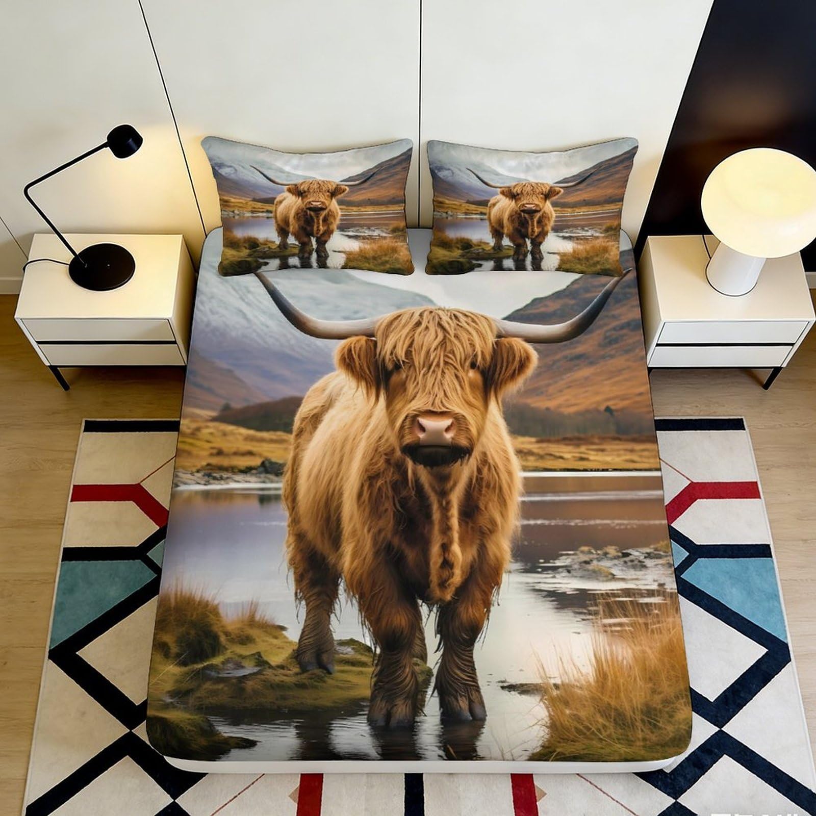 3D Printed Highland Cow Fitted Sheet Microfiber Soft Brown Animal Landscape Mattress Cover for Bedroom Home Decor 90x200x25cm