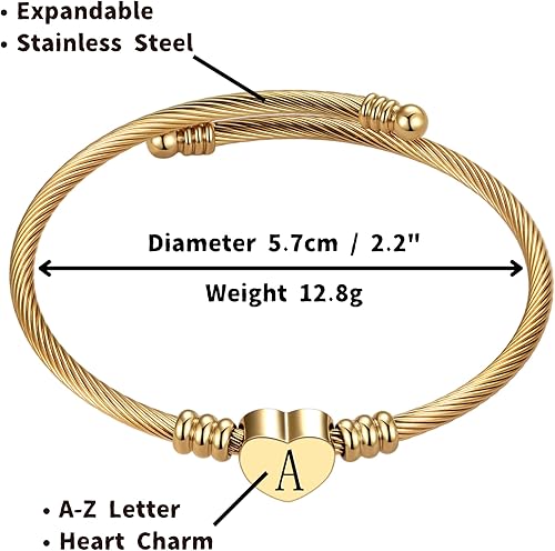 Miniatura 2 de Pulsera Brazalete Rígido de Letra Inicial A a Z Corazón de Amor Dorado para Mujer Alfabeto Nombre Familiar Acero Inoxidable