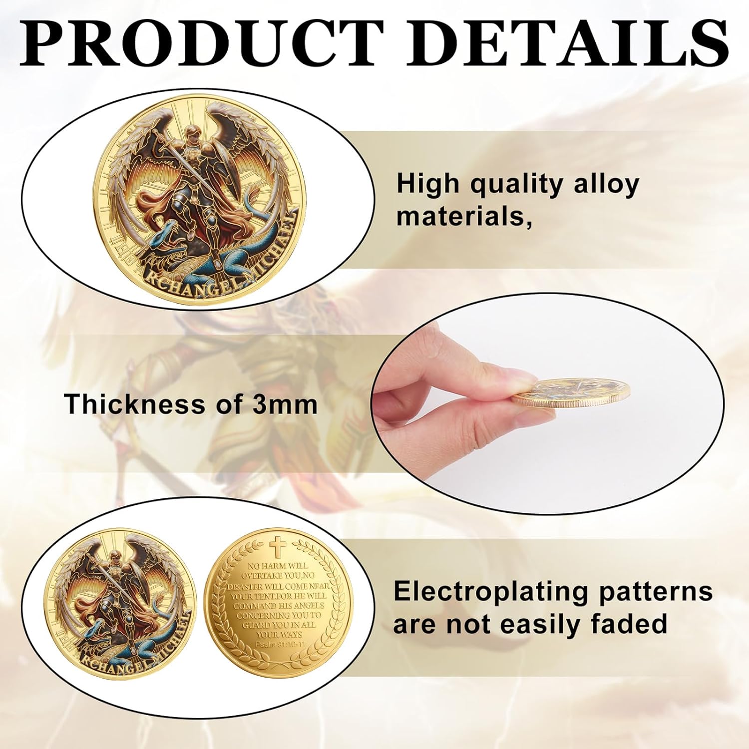 The Archangel Michael Watches Over Us Challenge Coin,1/6/12/24 Pcs Challenge Coin with Psalm 91:10-11, Religious Collectible Coin for Military, Police, Christian Gifts, Includes Protective Case