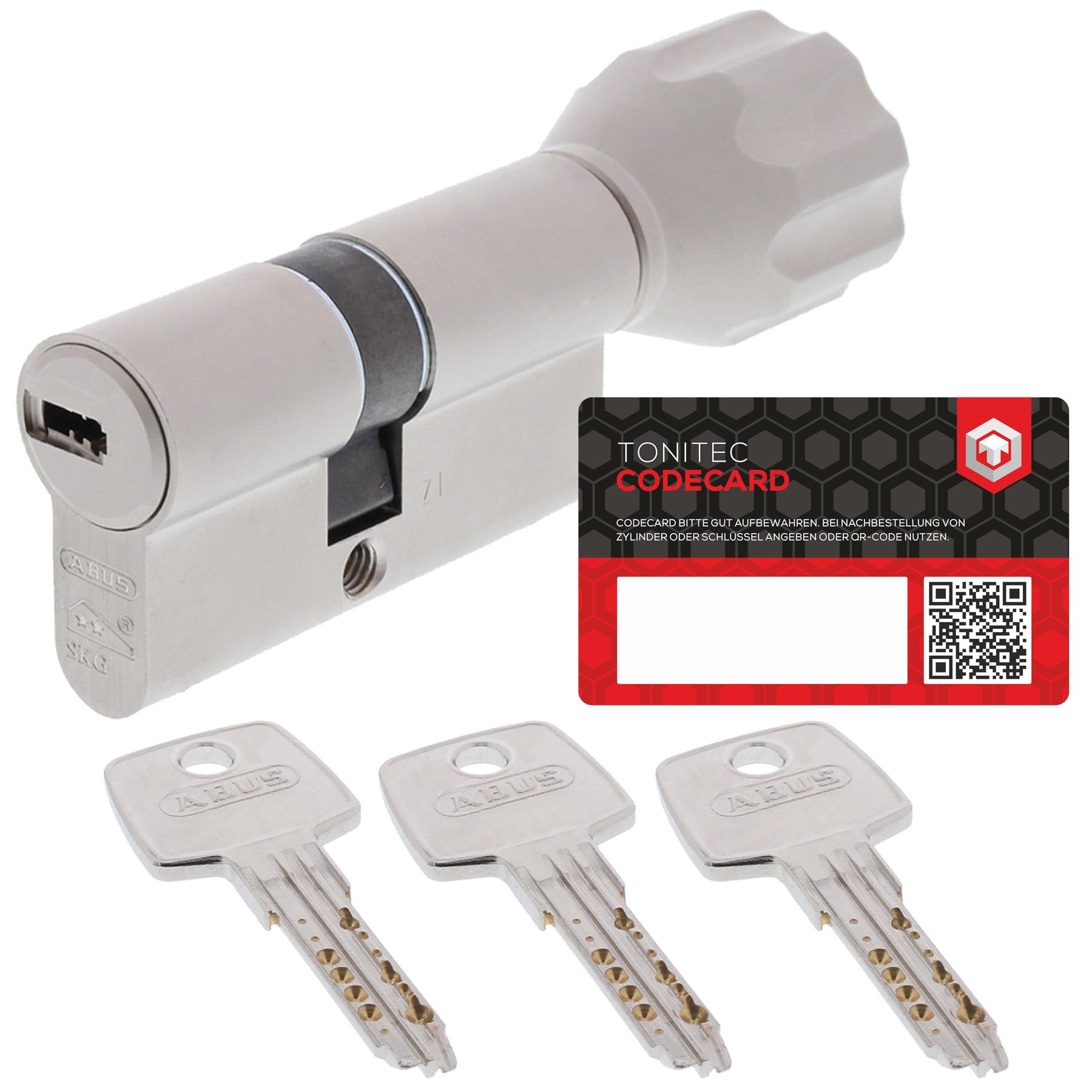 ToniTec Set aus ABUS Schließzylinder EC550 gleichschließend mit 3 Schlüssel, Schloss mit Schlüssel und ToniTec Codecard, Schliesszylinder mit Knauf Größe 30/60K mm mit Codecard