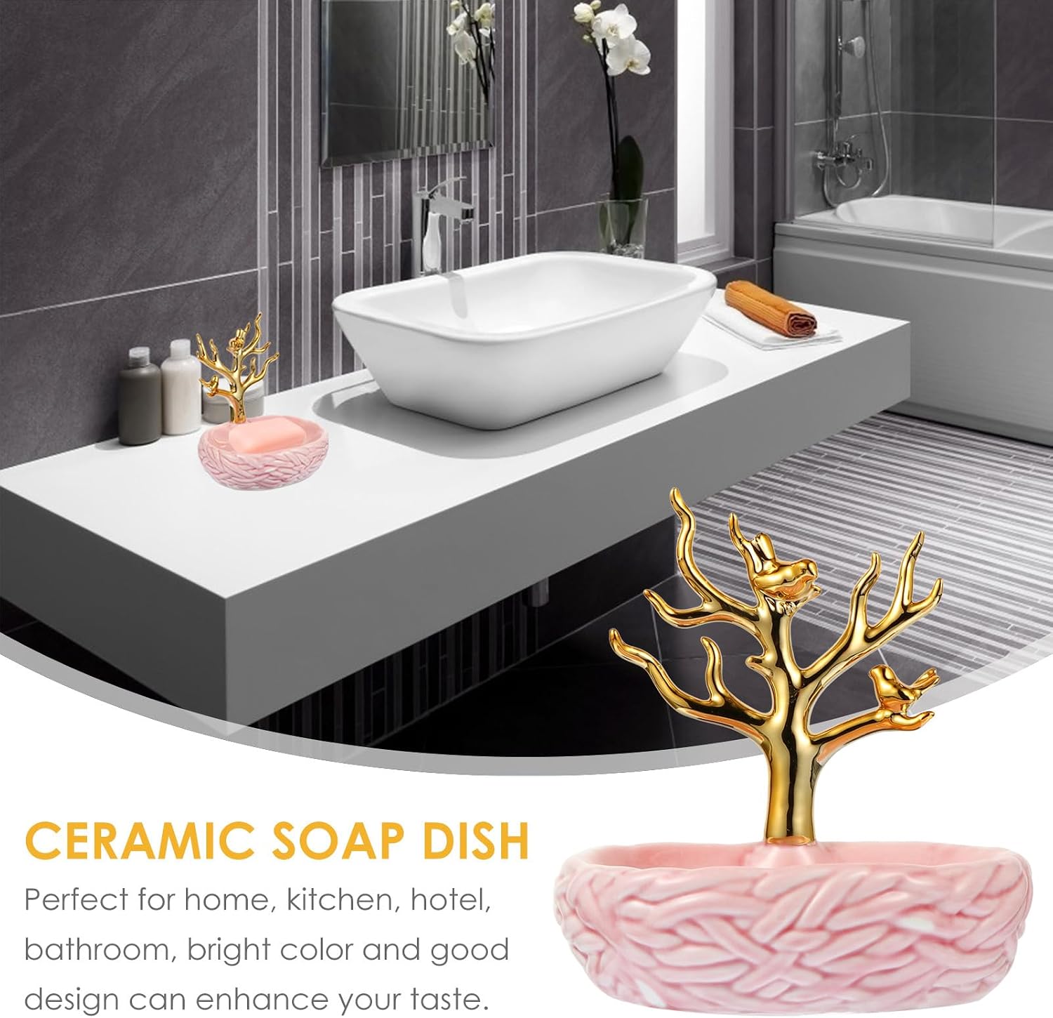 Ceramic Soap Dish with Drain Tray Bathroom Soap Holder Organizer Pink Porcelain for Home and Sink Use