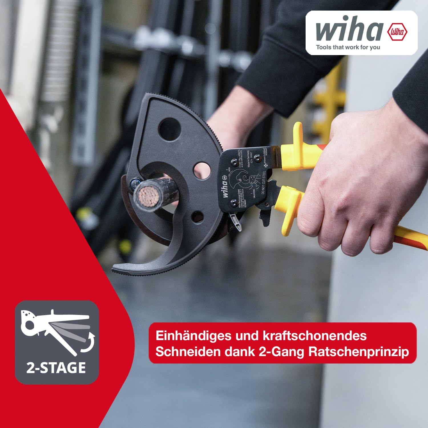 Wiha Kabelschneider bis 500 mm² I Ratschenkabelschneider für Cu- und AI-Kabel I Kabelschere mit Ratschenprinzip I Ratschenschneider für Aluminium- und Kupferkabel