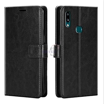 Xester Vintage Leather Flip Cover Case Compatible with Samsung A10S | Inner TPU | Foldable Stand | Magnetic Closure | Wallet Card Slots - Black