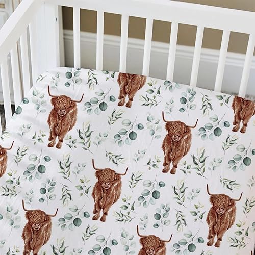 Miniatura 7 de HawSkgFub Highland Cow - Sábana bajera para cuna estándar con hojas de eucalipto para bebé niño y niña, funda de colchón neutra de yak de animales
