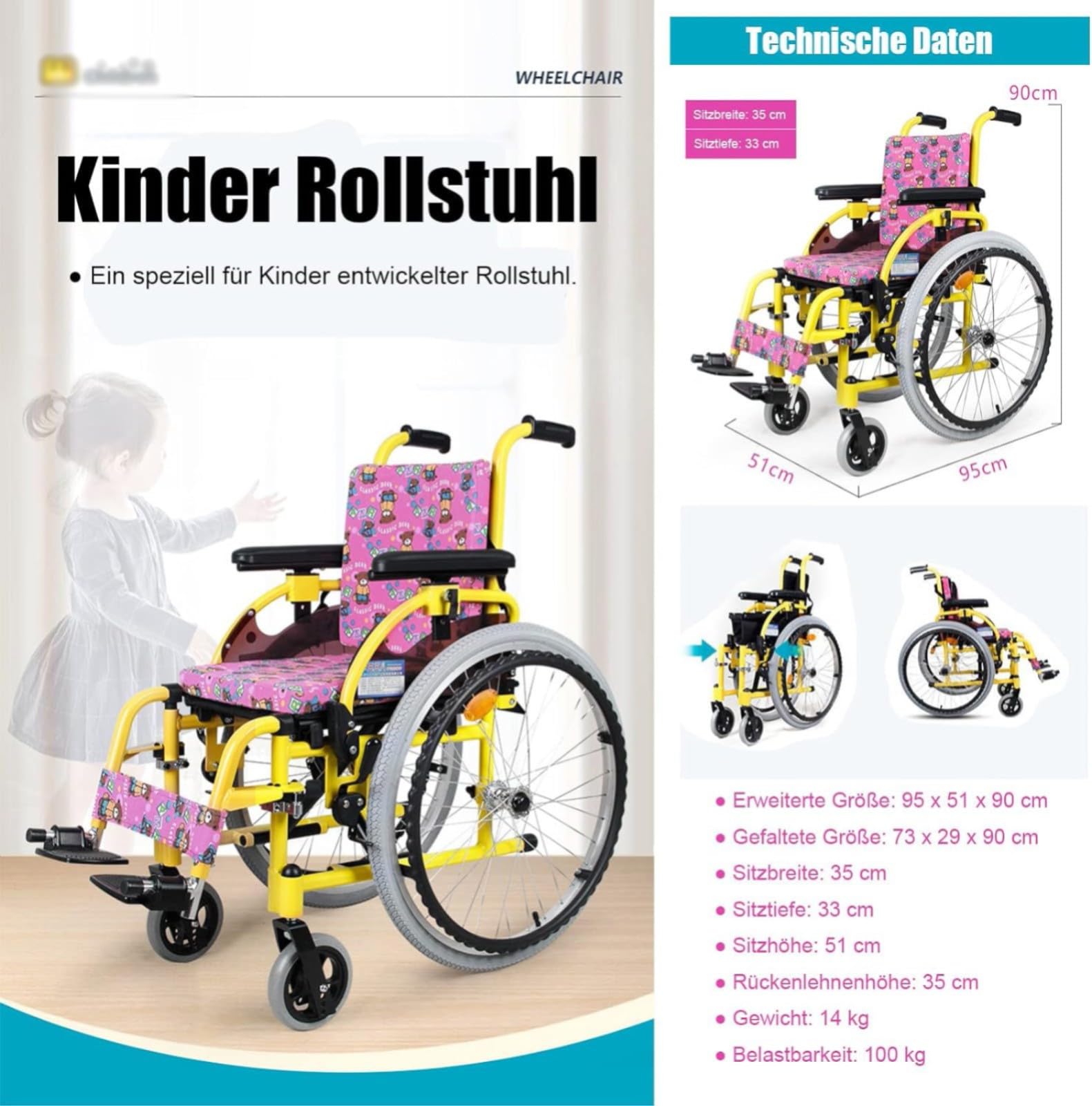Silla de ruedas plegable ligera para niños, sillas de ruedas autopropulsadas, silla de ruedas de aluminio para niños, silla de ruedas estrecha para viajes en casa con frenos, ancho del asiento de 35