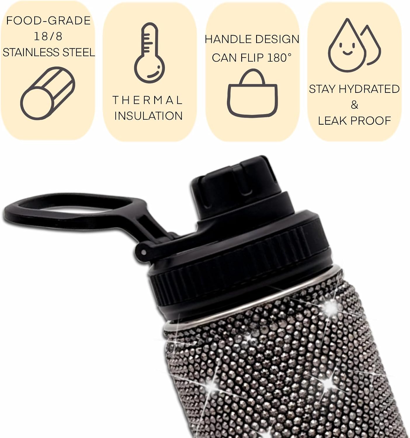 22oz Stainless Steel Bling Crystal Water Bottle Rhinestone Vacuum Insulated Bottle with Spout Lid Reusable Double-Wall Glitter Sport Bottle Gift for Women Girl (Black)