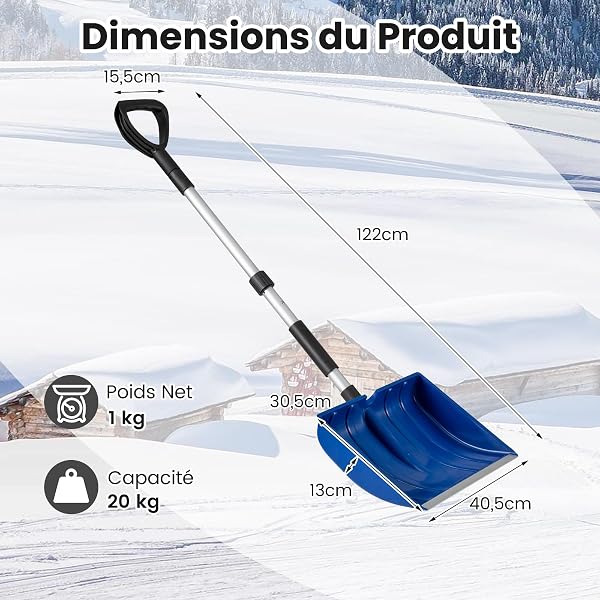 COSTWAY Pelle à Neige Portable, Outil de Déneigement Léger & Robuste avec Poignée Confortable en D, Lame Large avec Bande en Aluminium, Grattoir à Glace d'urgence pour Garage Allée Voiture (Bleu) - 5