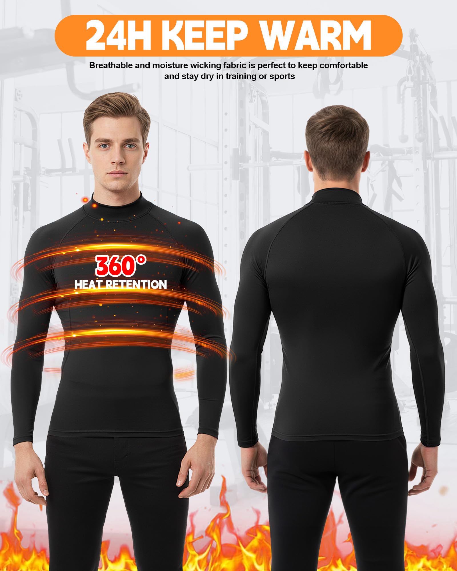 Coume Thermo-Kompressionsshirt für Herren, mit Fleece gefüttert, Rollkragen, Unterhemd, langärmelig, athletisches Workout, 4 Stück