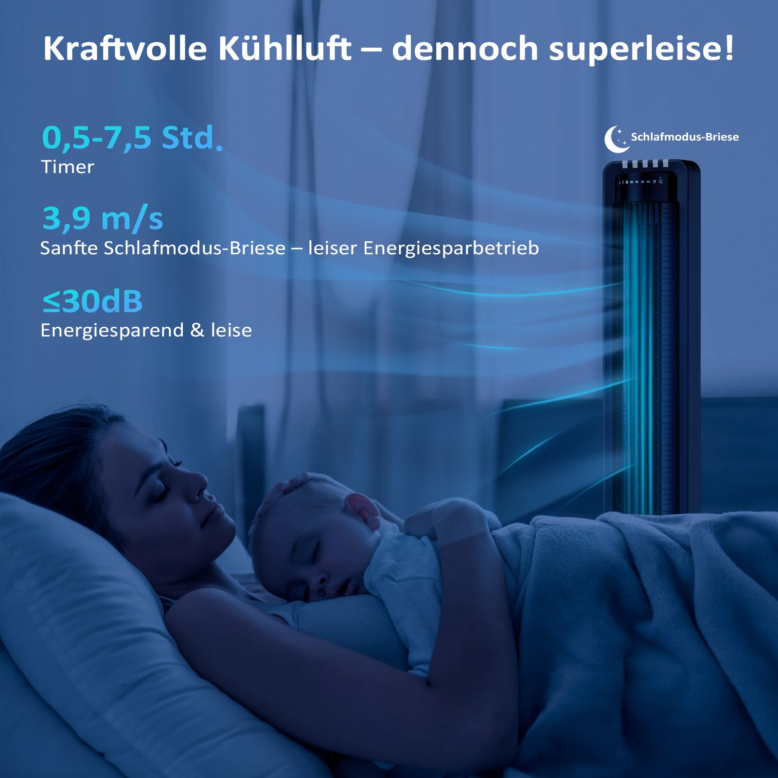 Turmventilator mit Fernbedienung, 109cm, leise, 115° oszillierender Säulenventilator, Standventilator schwarz, Timer, 0,04 kWh stromsparend, 3 Geschwindigkeiten, X01A, Tower Fan
