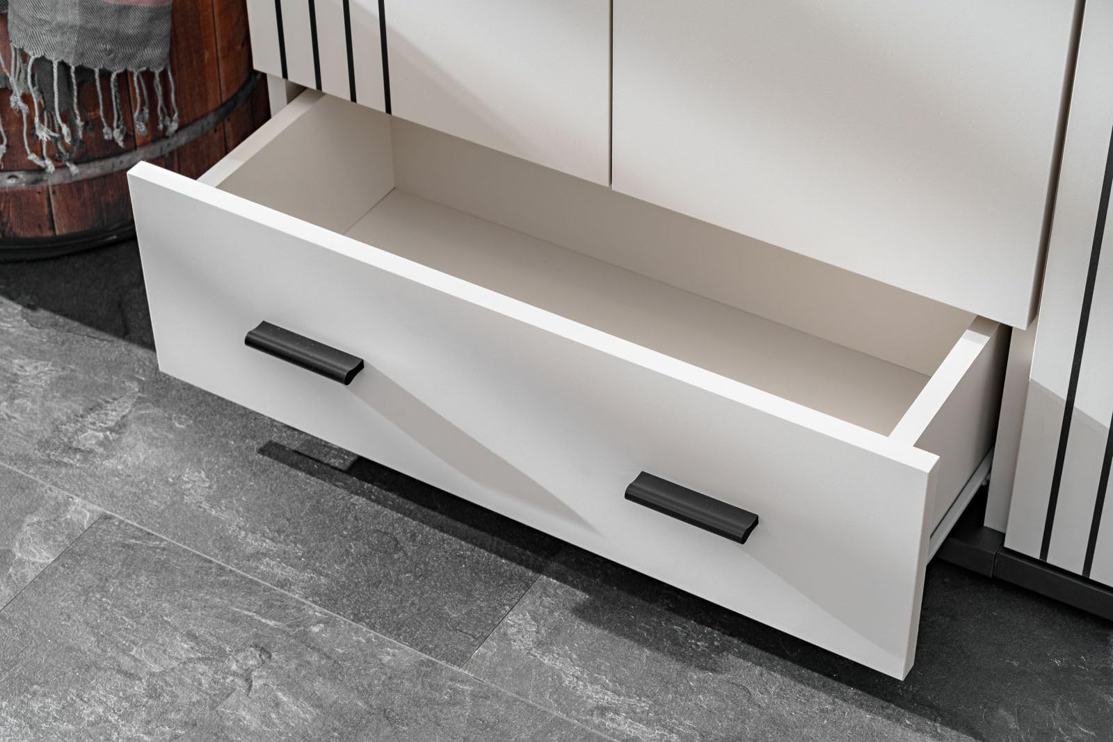 Deconation Hugo Vii - Mueble de entrada con espejo, armario y cojín de asiento, madera Mdf de cachemira y negro, 180 x 203 x 32 cm