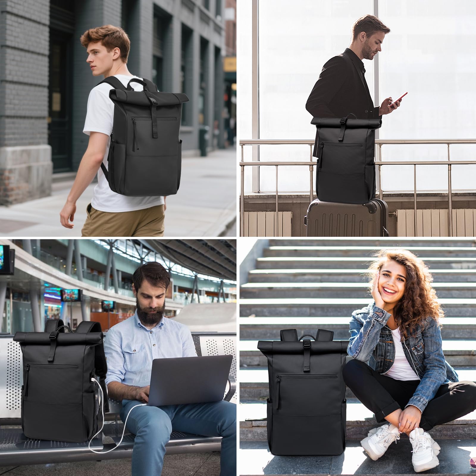 Rolltop Rucksack Damen Herren Großer Laptop Rucksack Wasserdichter mit Computerfach 16 Zoll Rucksäcke Schulrucksack Wasserfester Reiserucksack Handgepäck Flugzeug Arbeit Reisen
