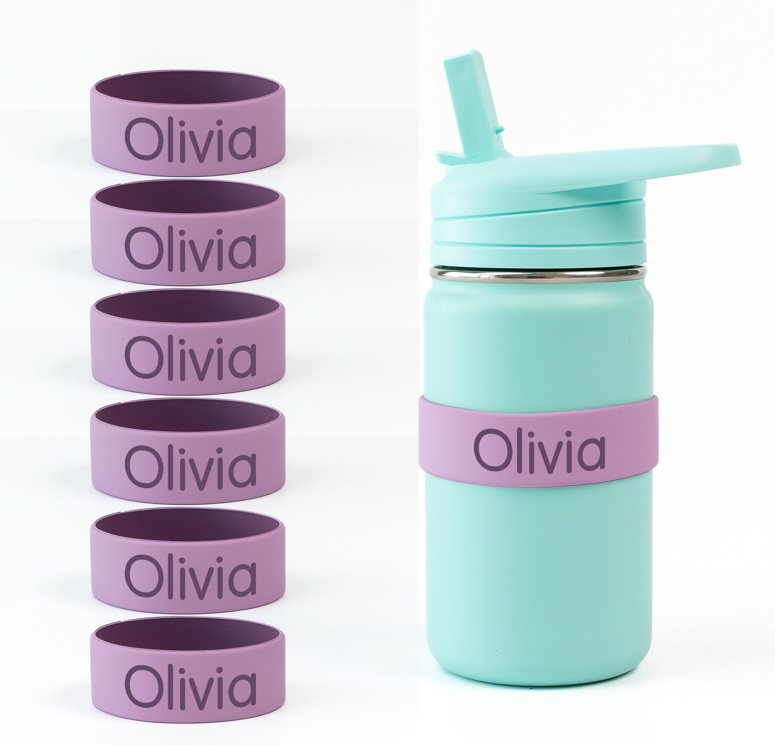 Mabel’s Labels Personalized Two-Tone Engraved Silicone Name Bands – Reusable Dishwasher-Safe Name Bands for Water Bottles, Sippy Cups & Drinkware (Purple & Light Purple, 6 Pack)