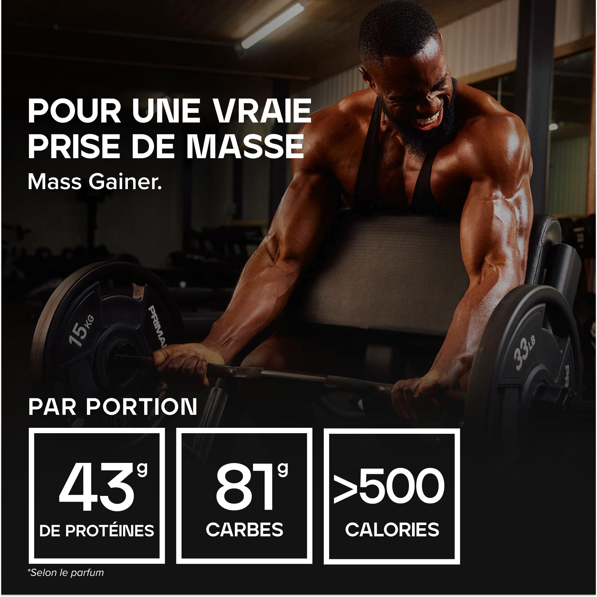 Bulk Gainer Complet Chocolat 2.5kg 43g protéines 81g glucides 500 kcal hypercalorique croissance musculaire