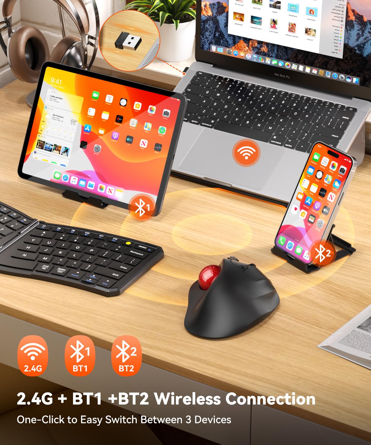 Omikamo Mouse ergonomico senza fili trackball, Bluetooth e 2,4 G, rosso