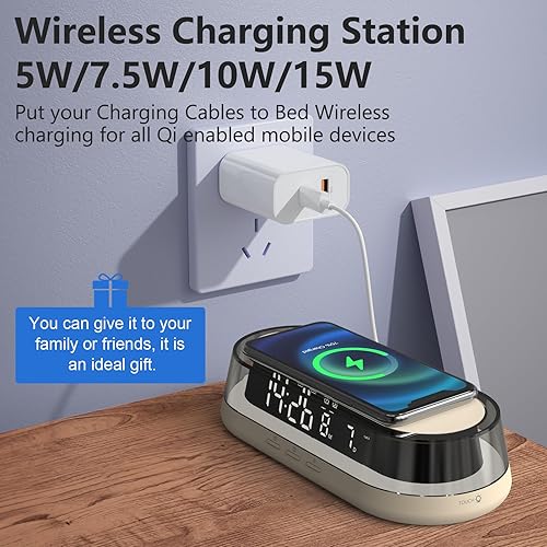 Miniatura 3 de Reloj despertador digital, reloj despertador con carga inalámbrica de 15 W, alarma dual para personas que duermen pesadas, 1224 horas y repetición,