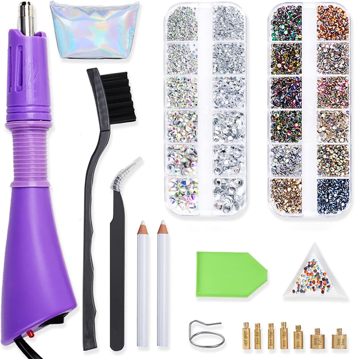 Hotfix Rhinestone Applicator, Hot Fix Setter Wand Tool Bedazzler Kit Rhinestones Pen, Tips, 24 Colors Crystal Gems, Brush Cleaning kit 04