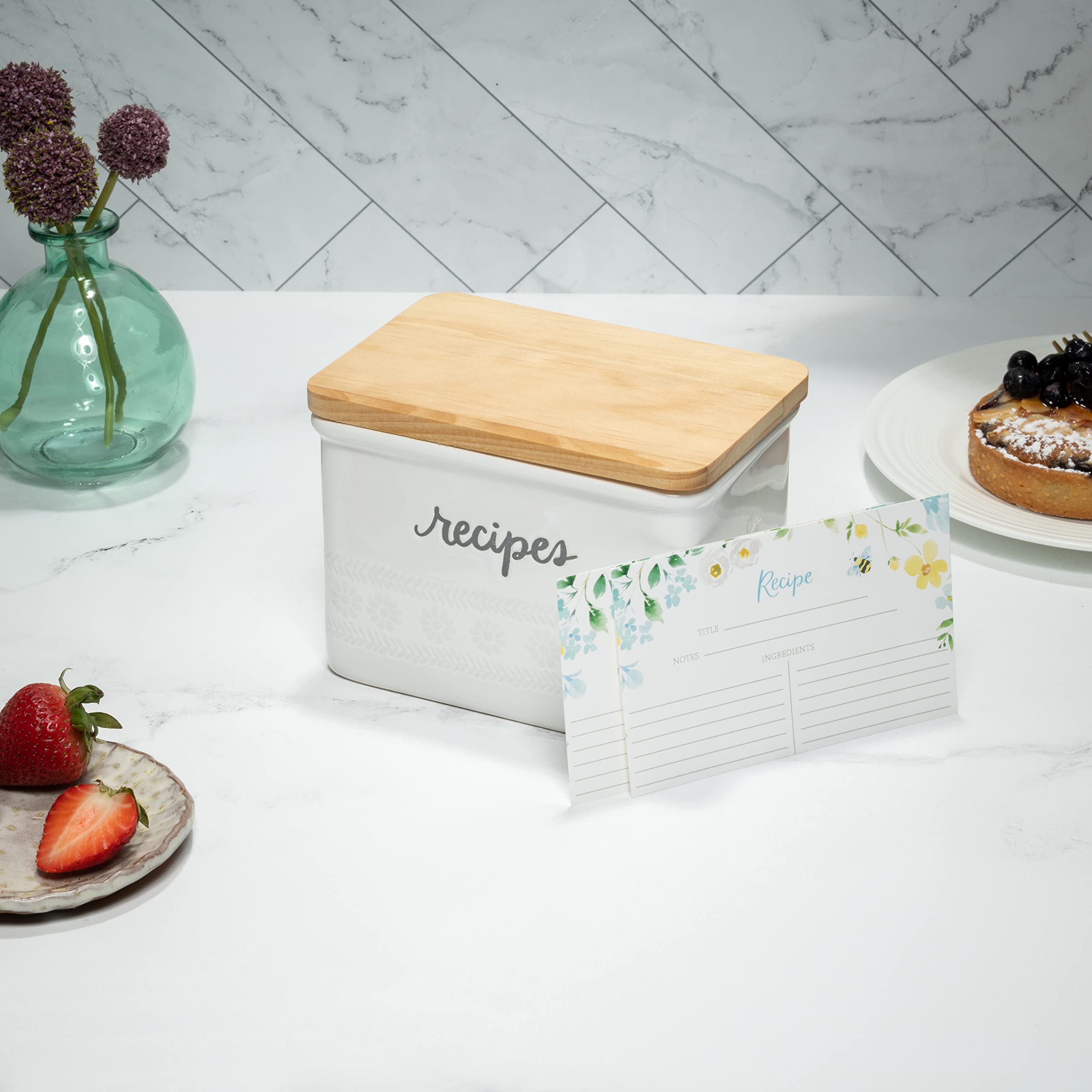 Amazon.com: Eccolo Floral Ceramic Recipe Box with Natural Wood