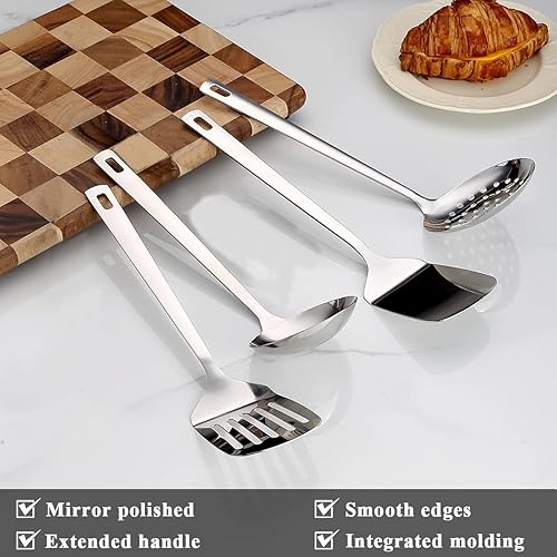 Miniatura 3 de Juego de utensilios de cocina de acero inoxidable, 4 piezas, espátula ranurada, espátula sólida, espumadera y cucharón, resistente al óxido, mango