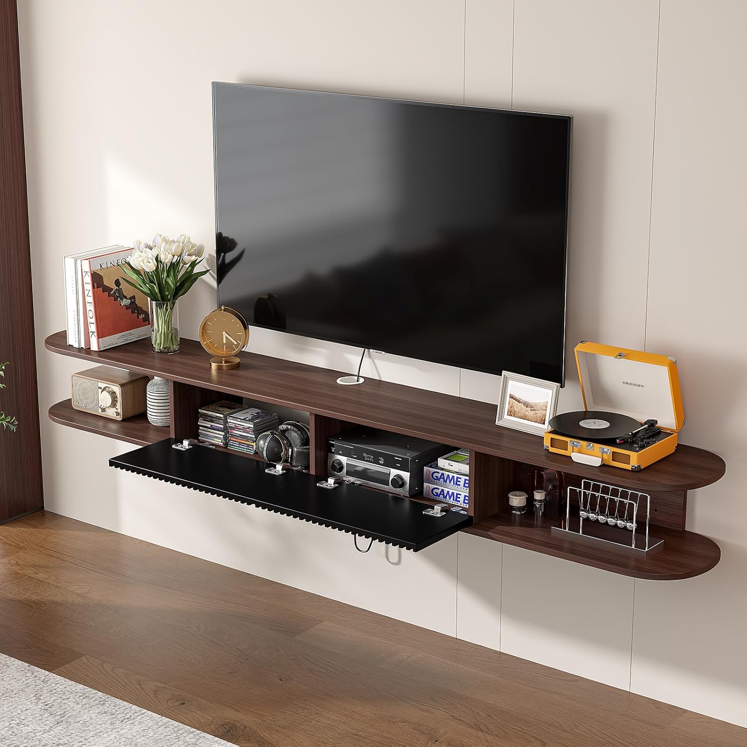 Floating TV Stand,78'' Wall Mounted TV Stand Floating TV Unit Media Console Shelf with 2 Flip-Down Cabinet Doors and 2 Open Shelves for Bedroom, Livingroom, Media Room Office, Walnut+Black - Image 3