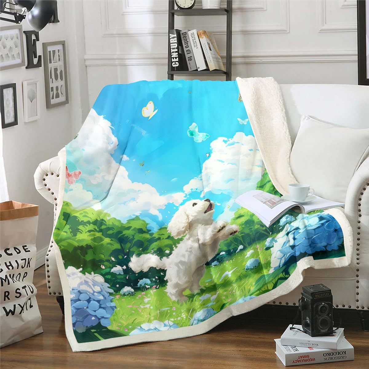 Erosebridal Blue Hydrangea Throw Blanket for Couch Chic Flower Sherpa Blanket, Cute Butterfly Blanket Green Leaves Blanket, Spring Floral Bed Blanket Girls Bedroom Decor